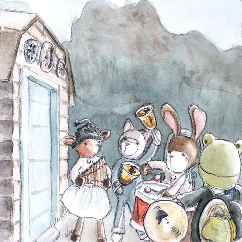 watercolor illustration of the Hazel Village animals celebrating Wake Up Day