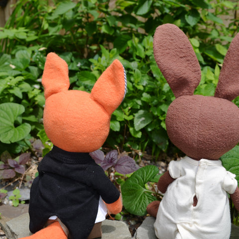 Owen Fox and Juliette Rabbit outside