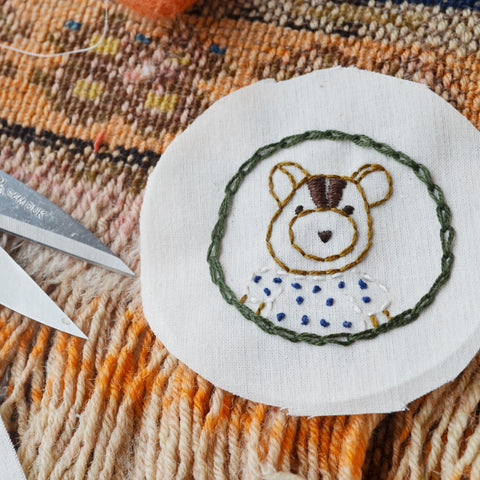 Cutting embroidered portrait of Josie Chipmunk