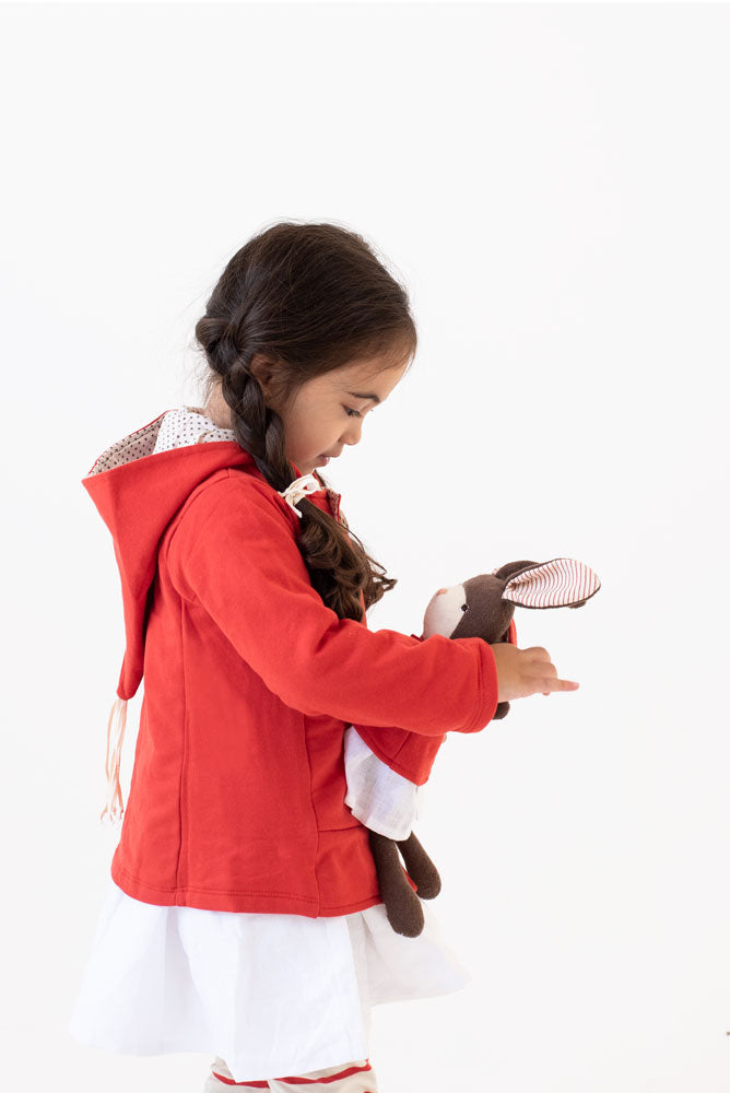 Cranberry Elf Jacket and White Linen Dress